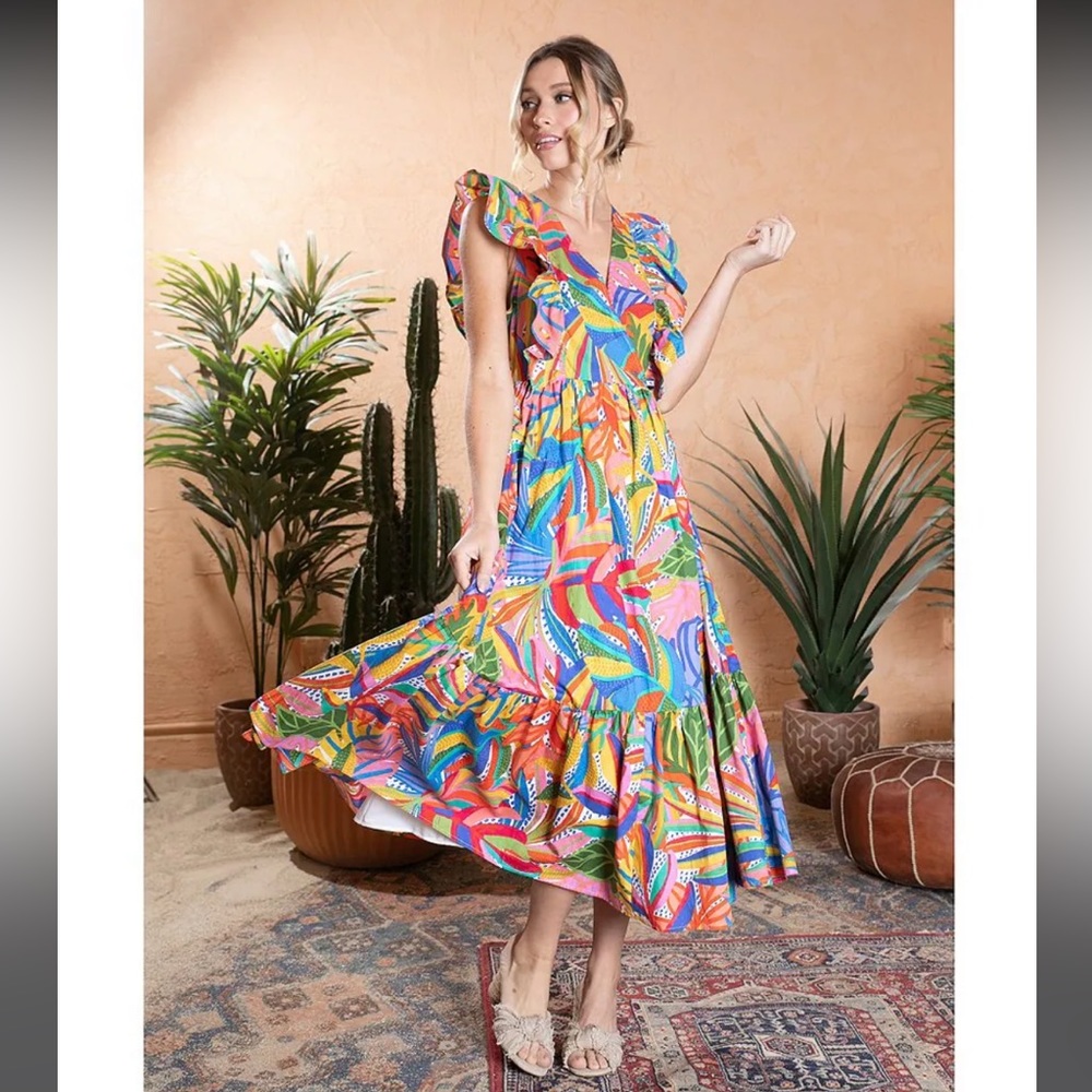 Sugarlips Botanical Tropical Print Cotton Sleeveless Tiered Ruffled Midi Dress